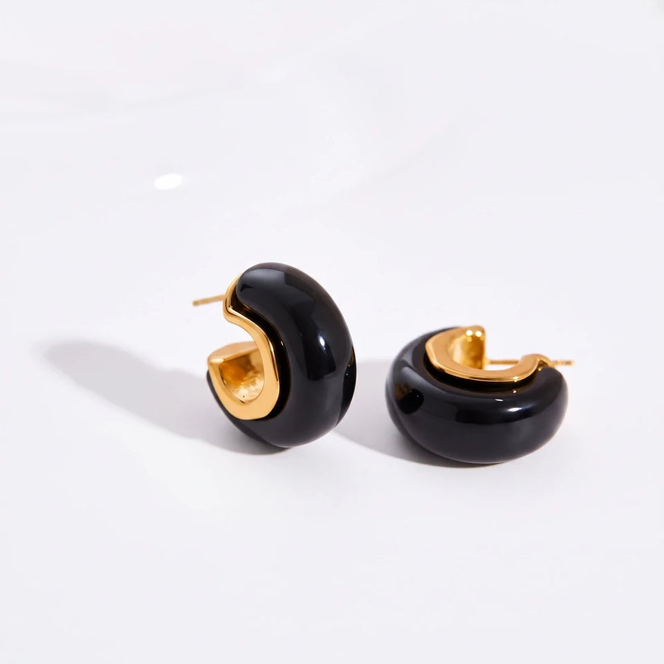 Chunky Gold Dome Hoop Earrings – Hypoallergenic C-Hoop Studs (Black, Green & Brown)